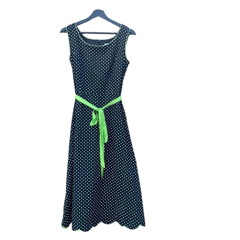 Coldwater Creek Dress Womens Size P10 Sleeveless Long Black White Dot green belt